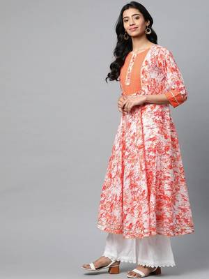 Women'S Cotton Tie & Dye Printed Anarkali Kurta (Orange) 3