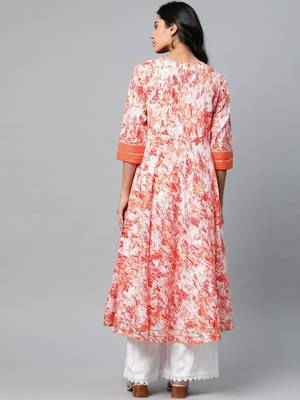 Women'S Cotton Tie & Dye Printed Anarkali Kurta (Orange) 4
