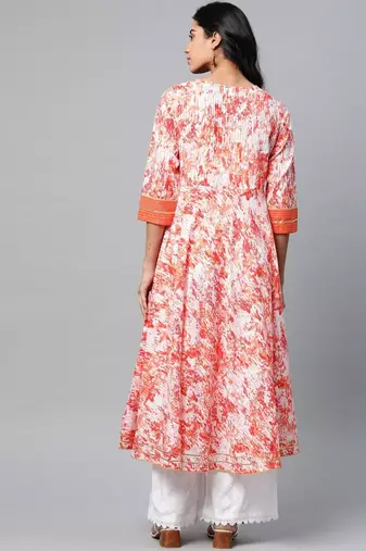 Women'S Cotton Tie & Dye Printed Anarkali Kurta (Orange)