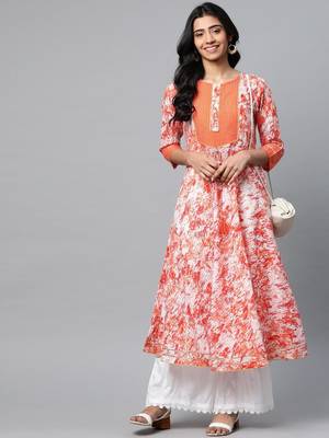 Women'S Cotton Tie & Dye Printed Anarkali Kurta (Orange) 5