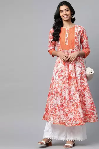 Women'S Cotton Tie & Dye Printed Anarkali Kurta (Orange)