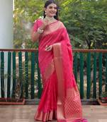 Koram Pink Bandhej Patola Silk Sarees Kanchi Borders And Contrast Zari Weaving Borders Saree With Blouse For Women