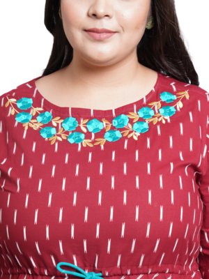 Women'S Plus Size Cotton Embroidered Ikat Printed Anarkali Kurta Dress (Maroon) 5