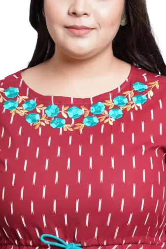 Women'S Plus Size Cotton Embroidered Ikat Printed Anarkali Kurta Dress (Maroon)
