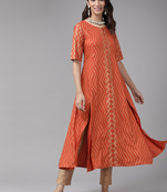Women'S Rayon Zig-Zag Gold Print Anarkali Kurta (Orange)