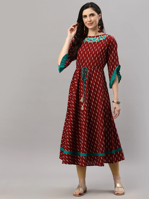 Women'S Cotton Embroidered Ikat Printed Anarkali Kurta Dress (Maroon) 1