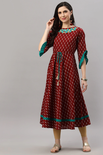 Women'S Cotton Embroidered Ikat Printed Anarkali Kurta Dress (Maroon)