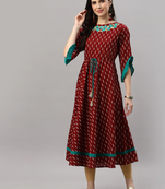 Women'S Cotton Embroidered Ikat Printed Anarkali Kurta Dress (Maroon)