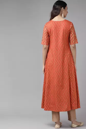 Women'S Rayon Zig-Zag Gold Print Anarkali Kurta (Orange)