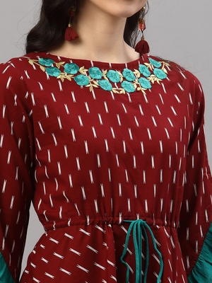 Women'S Cotton Embroidered Ikat Printed Anarkali Kurta Dress (Maroon) 2