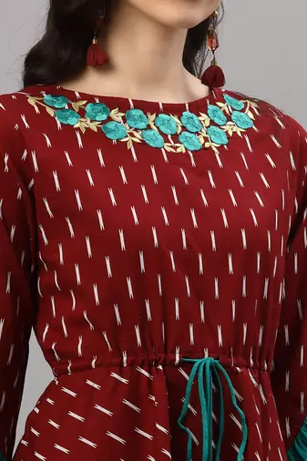 Women'S Cotton Embroidered Ikat Printed Anarkali Kurta Dress (Maroon)