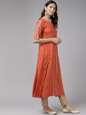 Women'S Rayon Zig-Zag Gold Print Anarkali Kurta (Orange) 3