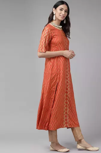 Women'S Rayon Zig-Zag Gold Print Anarkali Kurta (Orange)