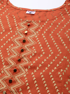 Women'S Rayon Zig-Zag Gold Print Anarkali Kurta (Orange) 4