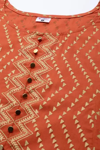 Women'S Rayon Zig-Zag Gold Print Anarkali Kurta (Orange)
