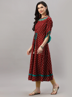 Women'S Cotton Embroidered Ikat Printed Anarkali Kurta Dress (Maroon) 3