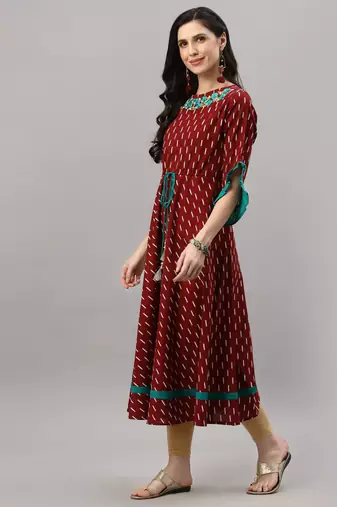 Women'S Cotton Embroidered Ikat Printed Anarkali Kurta Dress (Maroon)
