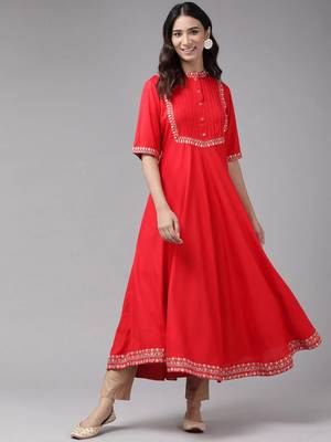 Women'S Rayon Pintucks Anarkali Kurta (Red) 1