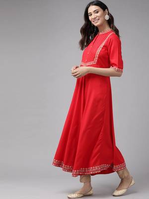 Women'S Rayon Pintucks Anarkali Kurta (Red) 3