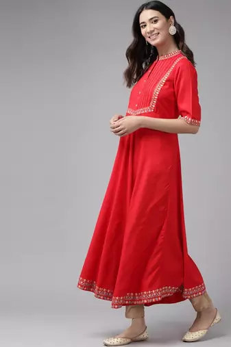 Women'S Rayon Pintucks Anarkali Kurta (Red)