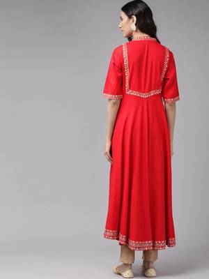 Women'S Rayon Pintucks Anarkali Kurta (Red) 4