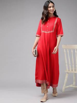 Women'S Rayon Pintucks Anarkali Kurta (Red) 5