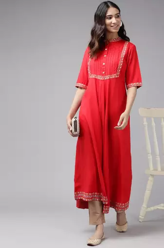 Women'S Rayon Pintucks Anarkali Kurta (Red)