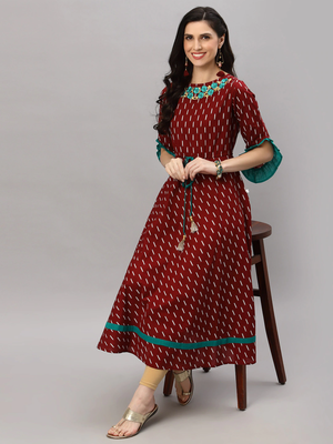 Women'S Cotton Embroidered Ikat Printed Anarkali Kurta Dress (Maroon) 4