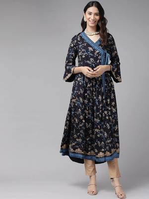 Women'S Rayon Floral Print Angrakha Kurta (Blue) 1