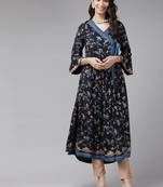 Women'S Rayon Floral Print  Angrakha Kurta (Blue)