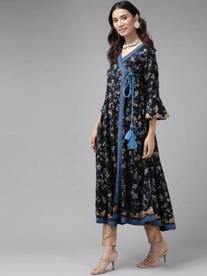 Women'S Rayon Floral Print Angrakha Kurta (Blue) 2