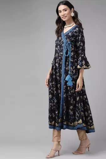 Women'S Rayon Floral Print Angrakha Kurta (Blue)