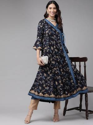 Women'S Rayon Floral Print Angrakha Kurta (Blue) 4