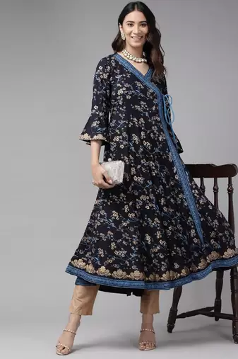 Women'S Rayon Floral Print Angrakha Kurta (Blue)