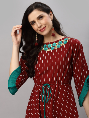 Women'S Cotton Embroidered Ikat Printed Anarkali Kurta Dress (Maroon) 5