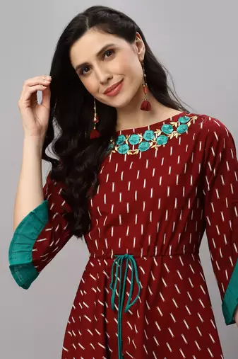 Women'S Cotton Embroidered Ikat Printed Anarkali Kurta Dress (Maroon)