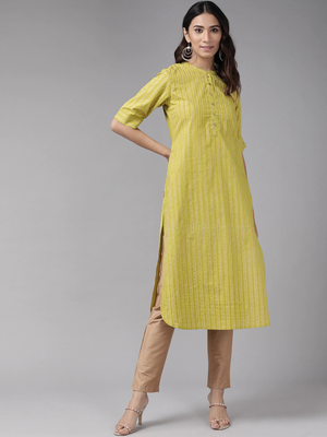 Women'S Cotton Stripe Gold Printed Straight Kurta (Green) 1