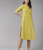 Women'S Cotton Stripe Gold Printed Straight Kurta (Green)