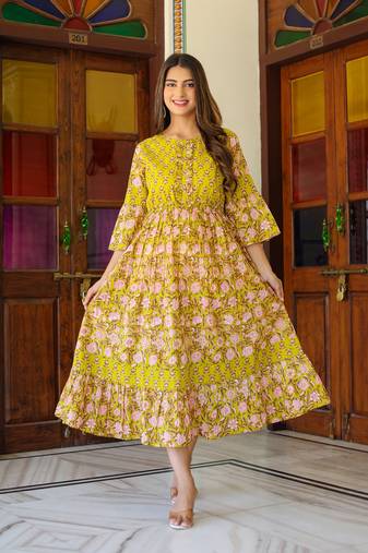 Women'S Floral Printed Anarkali Dress (Green)