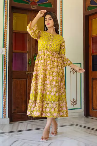 Women'S Floral Printed Anarkali Dress (Green)