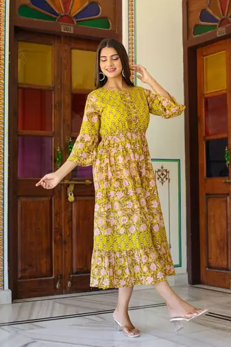 Women'S Floral Printed Anarkali Dress (Green)