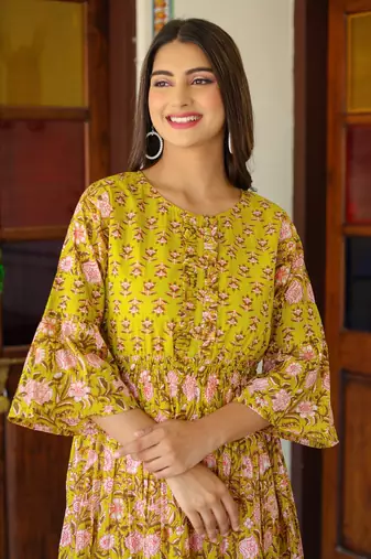 Women'S Floral Printed Anarkali Dress (Green)