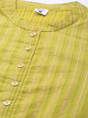 Women'S Cotton Stripe Gold Printed Straight Kurta (Green) 2