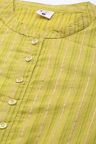 Women'S Cotton Stripe Gold Printed Straight Kurta (Green)