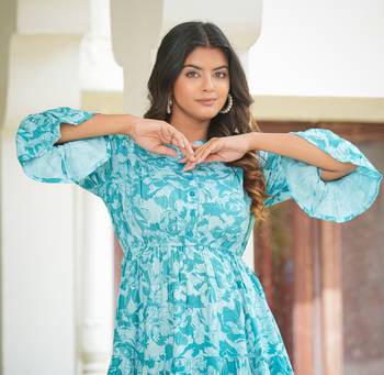 Women'S Floral Printed Tier Dress (Blue) 5