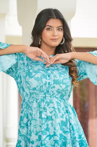 Women'S Floral Printed Tier Dress (Blue)