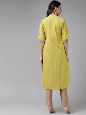 Women'S Cotton Stripe Gold Printed Straight Kurta (Green) 3