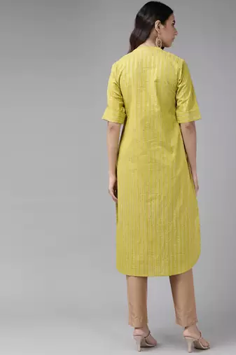 Women'S Cotton Stripe Gold Printed Straight Kurta (Green)