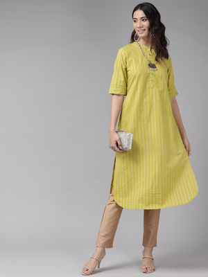 Women'S Cotton Stripe Gold Printed Straight Kurta (Green) 4