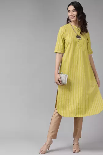 Women'S Cotton Stripe Gold Printed Straight Kurta (Green)